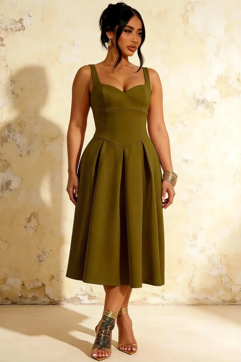 Heather Olive Green A Line Midi Dress | Green Square Neck Dress for Formal