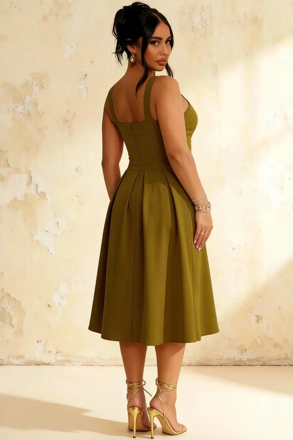 Heather Olive Green A Line Midi Dress | Green Square Neck Dress for Formal