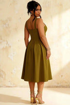Heather Olive Green A Line Midi Dress | Green Square Neck Dress for Formal