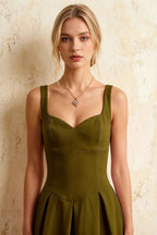 Heather Olive Green A Line Midi Dress | Green Square Neck Dress for Formal