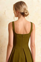 Heather Olive Green A Line Midi Dress | Green Square Neck Dress for Formal