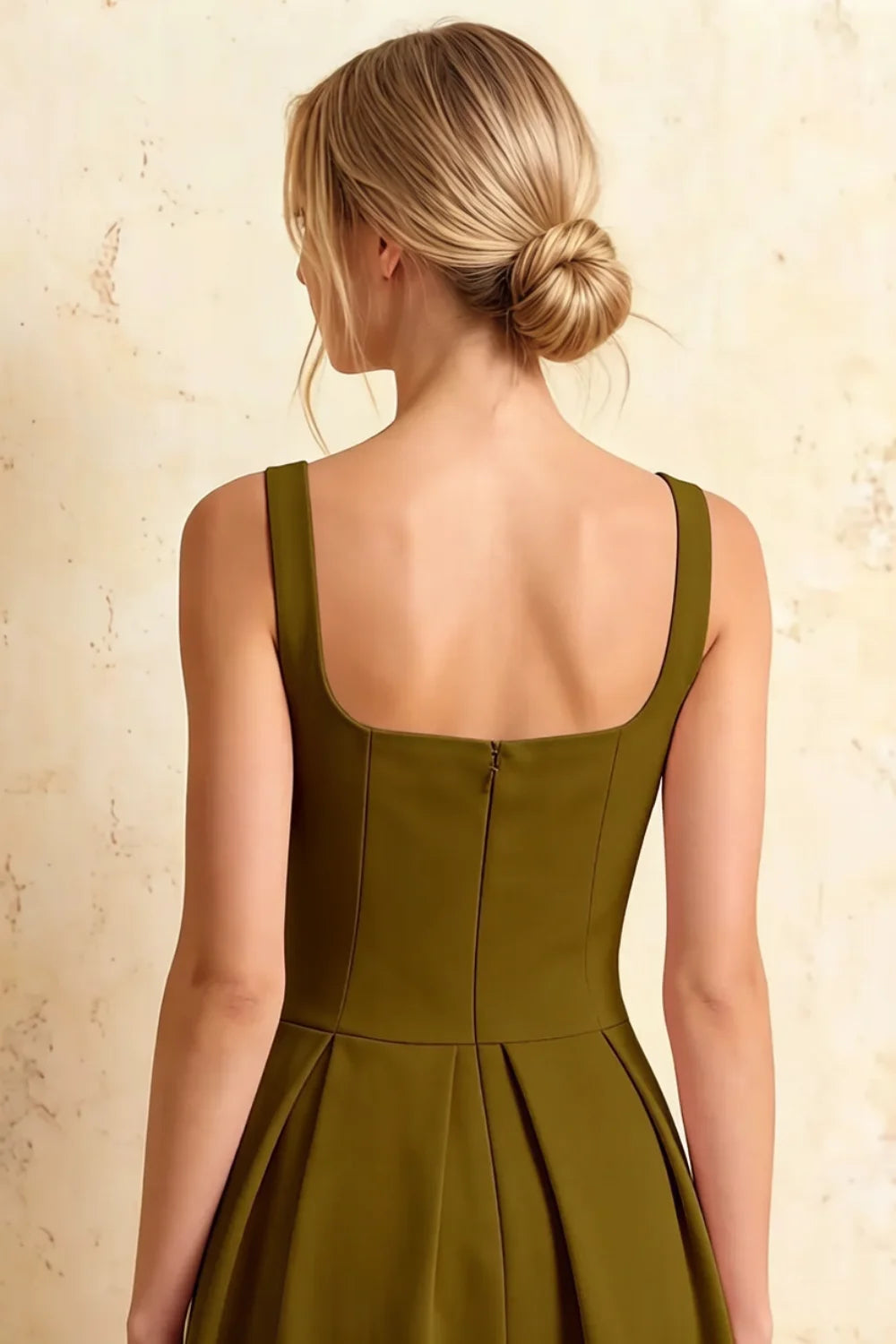 Heather Olive Green A Line Midi Dress | Green Square Neck Dress for Formal
