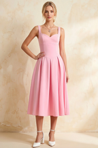 Heather Light Pink A Line Midi Dress | Chic Sweetheart Neck Dress for Wedding Guest