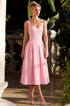Heather Light Pink A Line Midi Dress | Chic Sweetheart Neck Dress for Wedding Guest