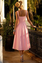 Heather Light Pink A Line Midi Dress | Chic Sweetheart Neck Dress for Wedding Guest