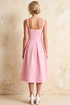 Heather Light Pink A Line Midi Dress | Chic Sweetheart Neck Dress for Wedding Guest