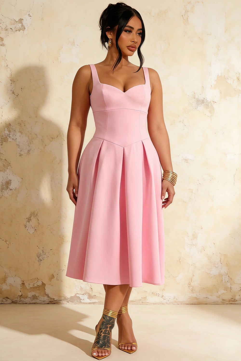 Heather Light Pink A Line Midi Dress | Chic Sweetheart Neck Dress for Wedding Guest