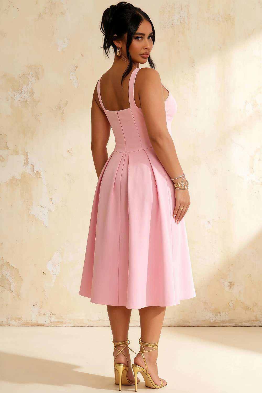 Heather Light Pink A Line Midi Dress | Chic Sweetheart Neck Dress for Wedding Guest