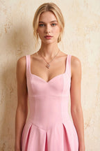 Heather Light Pink A Line Midi Dress | Chic Sweetheart Neck Dress for Wedding Guest