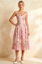 Heather Pink Floral A Line Midi Dress | Elegant Floral Dress for Women