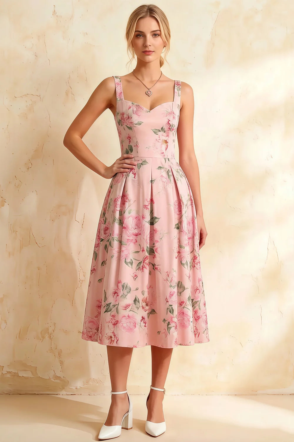 Heather Pink Floral A Line Midi Dress | Elegant Floral Dress for Women