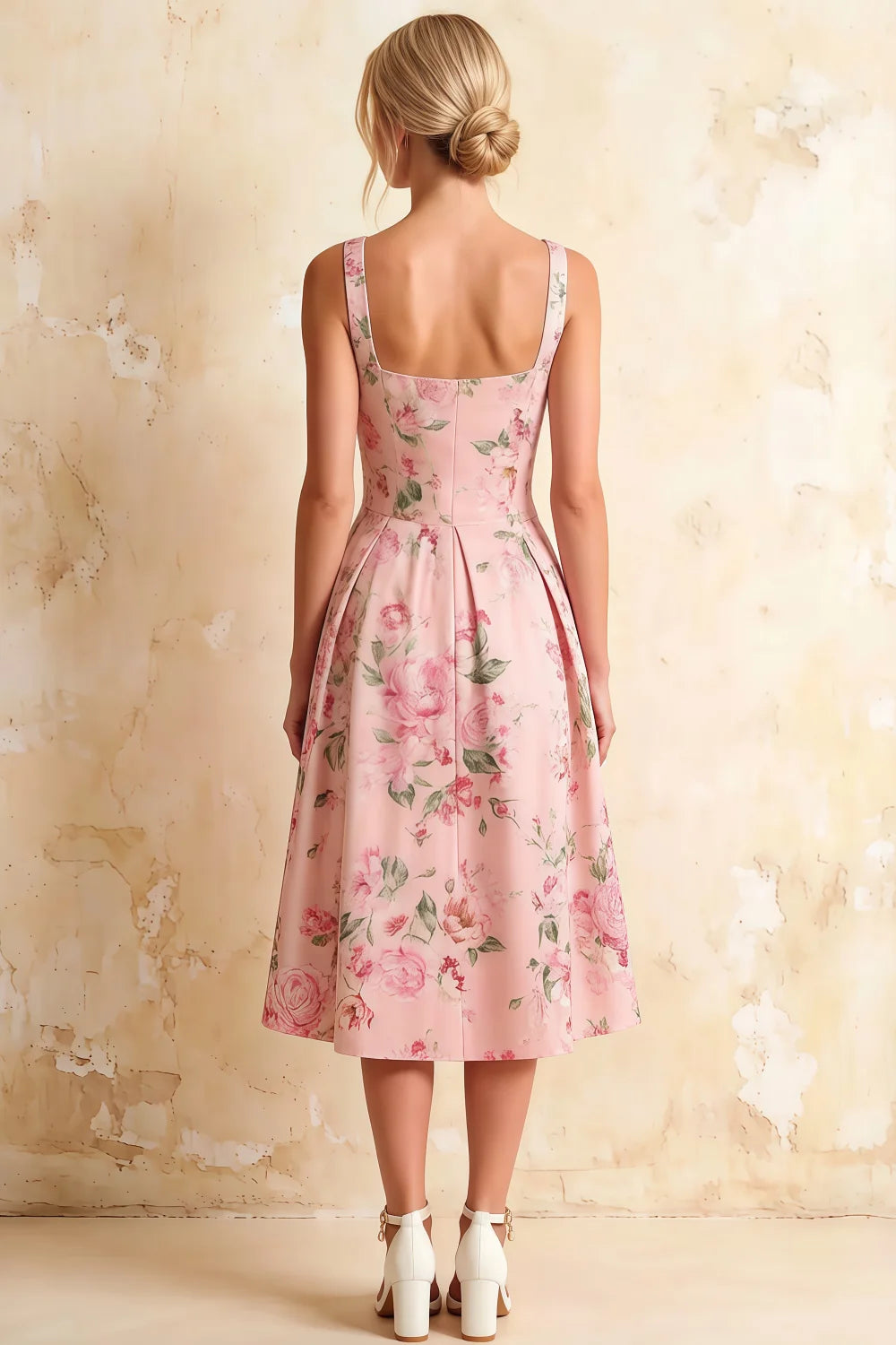 Heather Pink Floral A Line Midi Dress | Elegant Floral Dress for Women