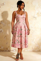 Heather Pink Floral A Line Midi Dress | Elegant Floral Dress for Women