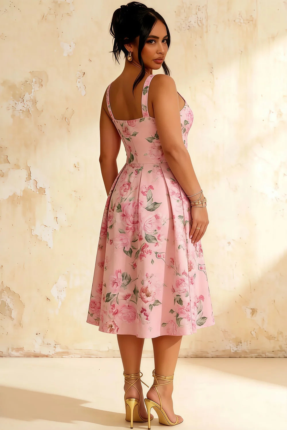 Heather Pink Floral A Line Midi Dress | Elegant Floral Dress for Women