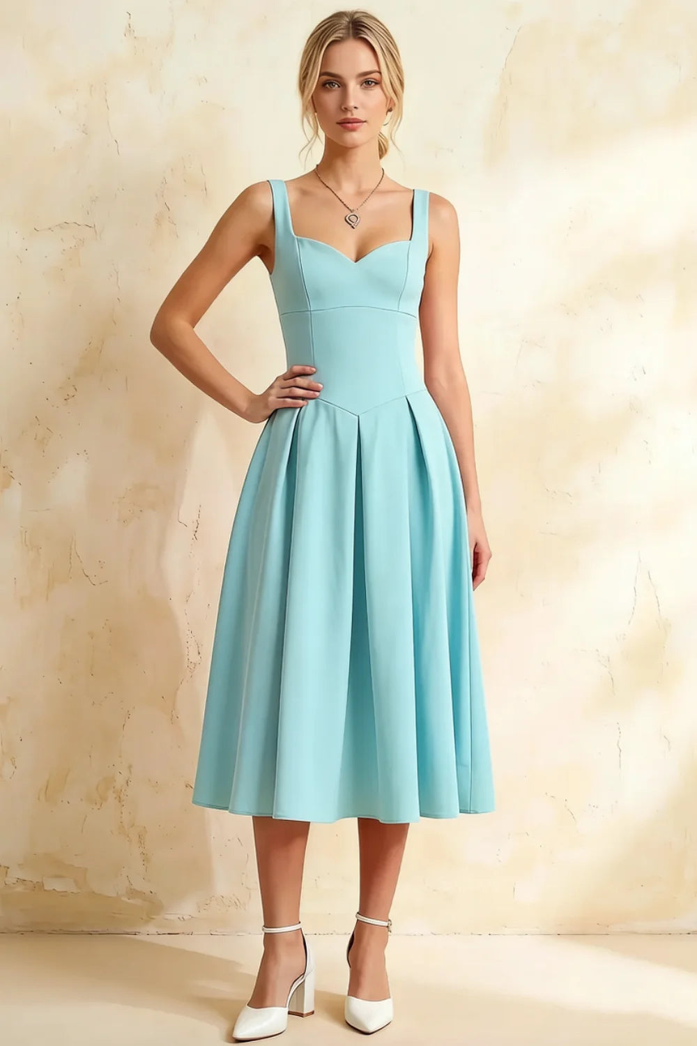 Heather Powder Blue A Line Midi Dress | Elegant Sweetheart Neck Blue Dress with Pleated Detail