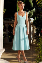 Heather Powder Blue A Line Midi Dress | Elegant Sweetheart Neck Blue Dress with Pleated Detail