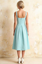 Heather Powder Blue A Line Midi Dress | Elegant Sweetheart Neck Blue Dress with Pleated Detail