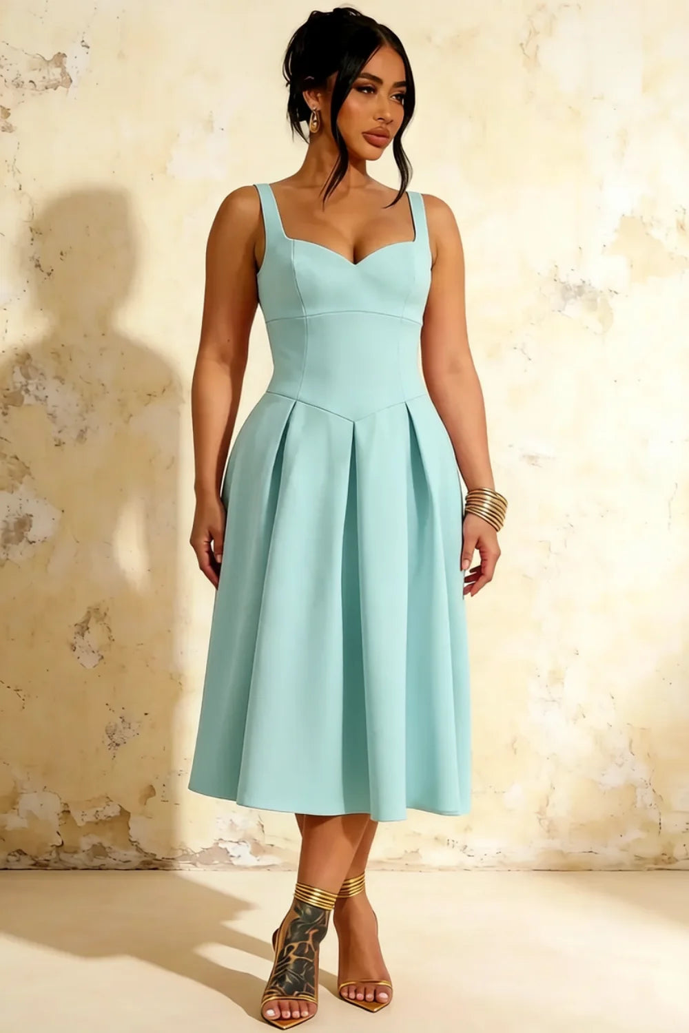 Heather Powder Blue A Line Midi Dress | Elegant Sweetheart Neck Blue Dress with Pleated Detail