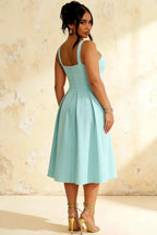 Heather Powder Blue A Line Midi Dress | Elegant Sweetheart Neck Blue Dress with Pleated Detail