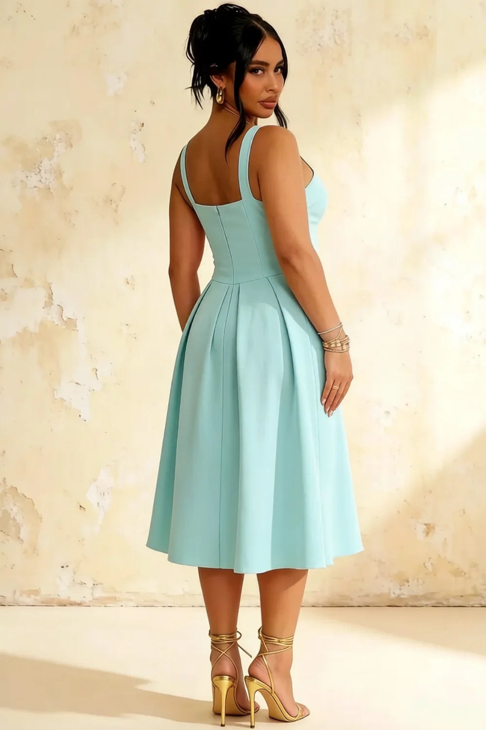 Heather Powder Blue A Line Midi Dress | Elegant Sweetheart Neck Blue Dress with Pleated Detail