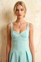 Heather Powder Blue A Line Midi Dress | Elegant Sweetheart Neck Blue Dress with Pleated Detail