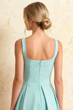 Heather Powder Blue A Line Midi Dress | Elegant Sweetheart Neck Blue Dress with Pleated Detail