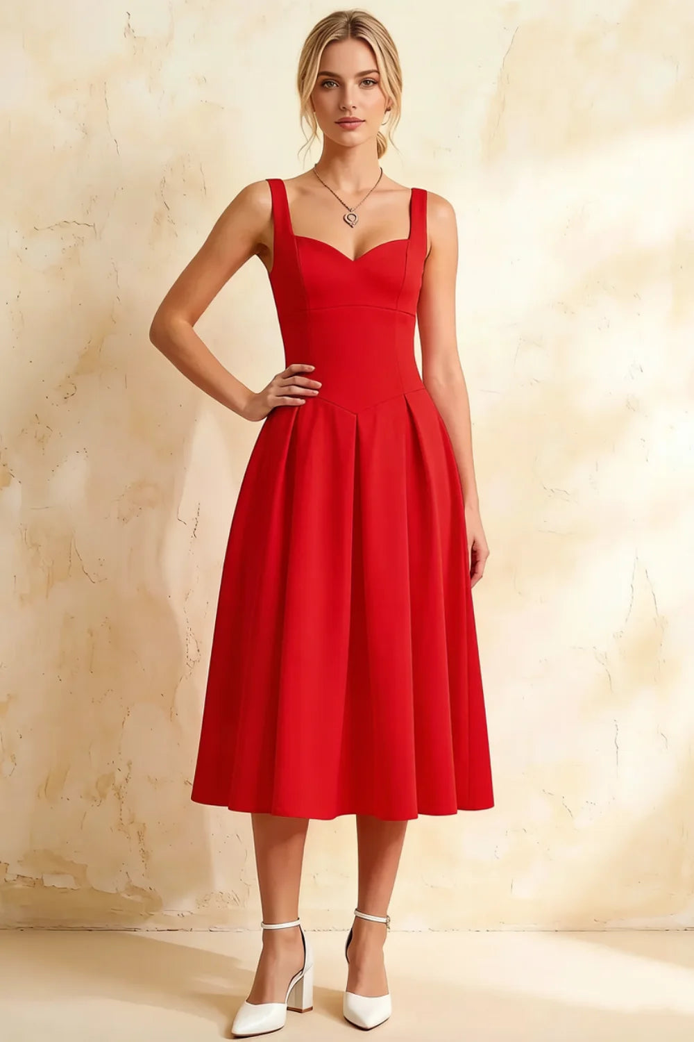 Heather Red A Line Midi Dress | Square Neck Back Red Dress for Women Main image