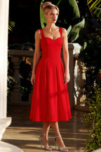 Heather Red A Line Midi Dress | Square Neck Back Red Dress for Women