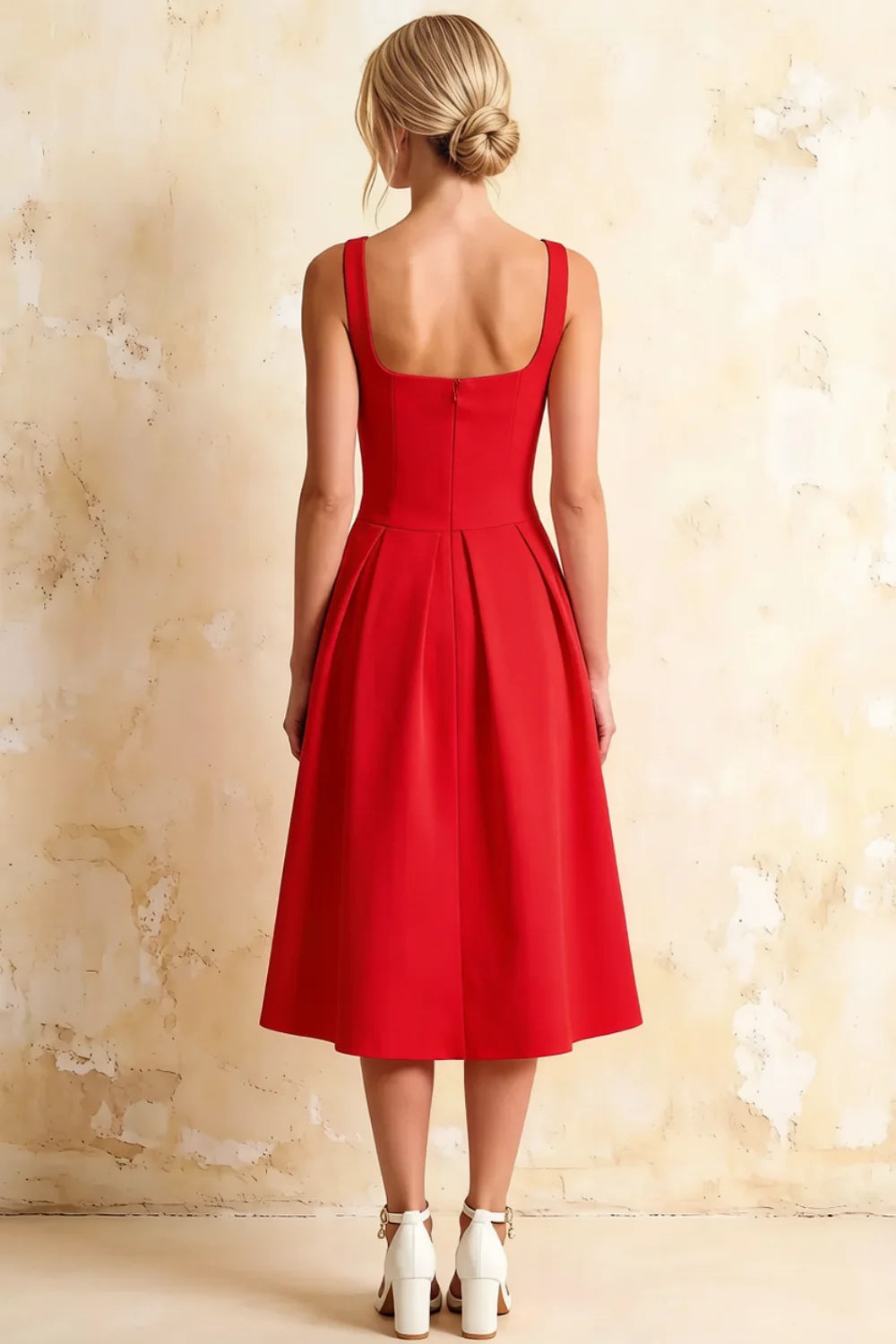 Heather Red A Line Midi Dress | Square Neck Back Red Dress for Women