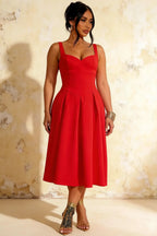 Heather Red A Line Midi Dress | Square Neck Back Red Dress for Women