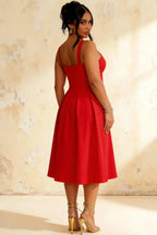 Heather Red A Line Midi Dress | Square Neck Back Red Dress for Women