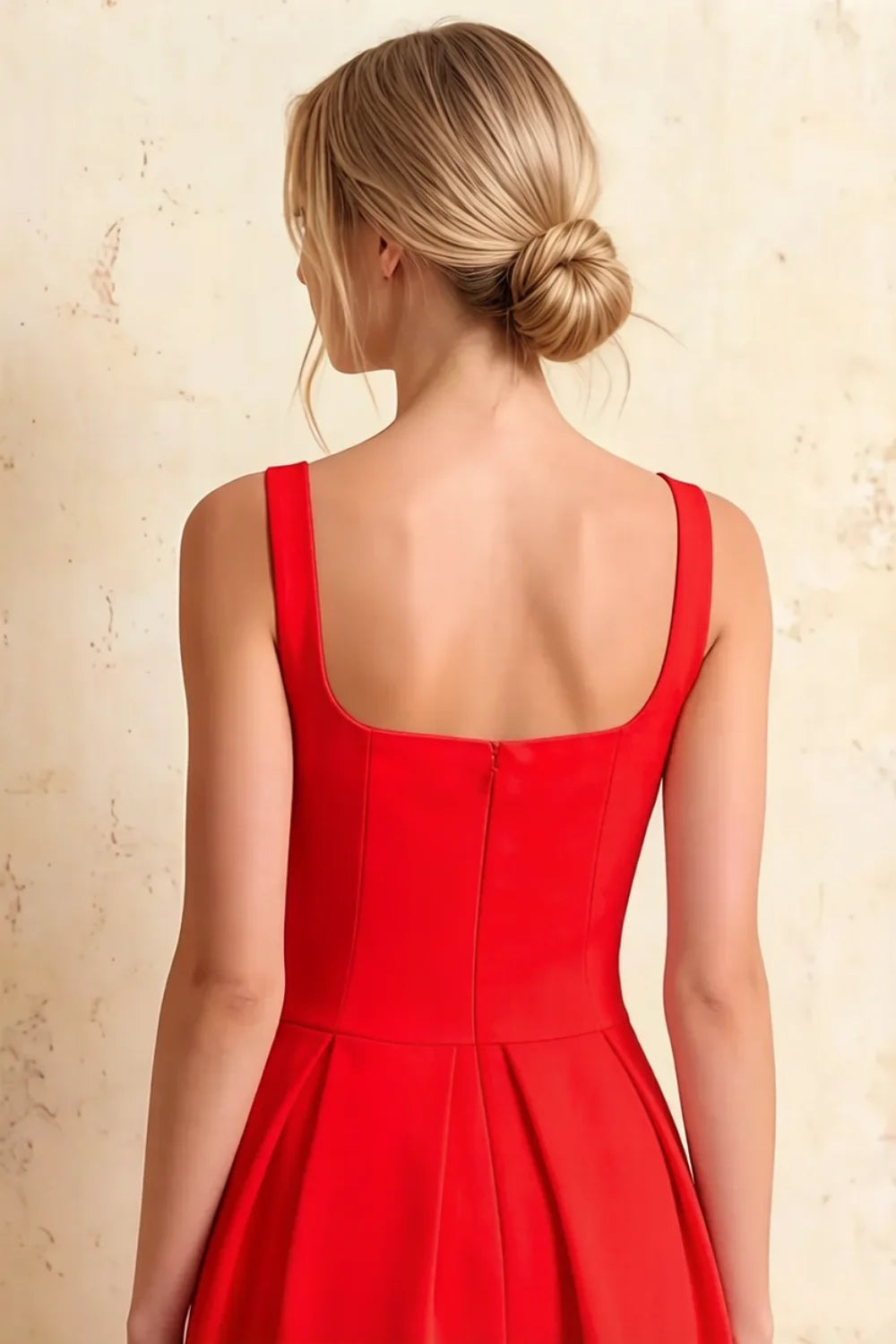 Heather Red A Line Midi Dress | Square Neck Back Red Dress for Women