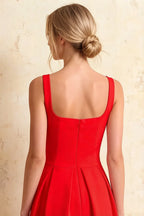 Heather Red A Line Midi Dress | Square Neck Back Red Dress for Women