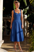 Heather Royal Blue A Line Midi Dress | Elegant Spaghetti Straps Blue Dress