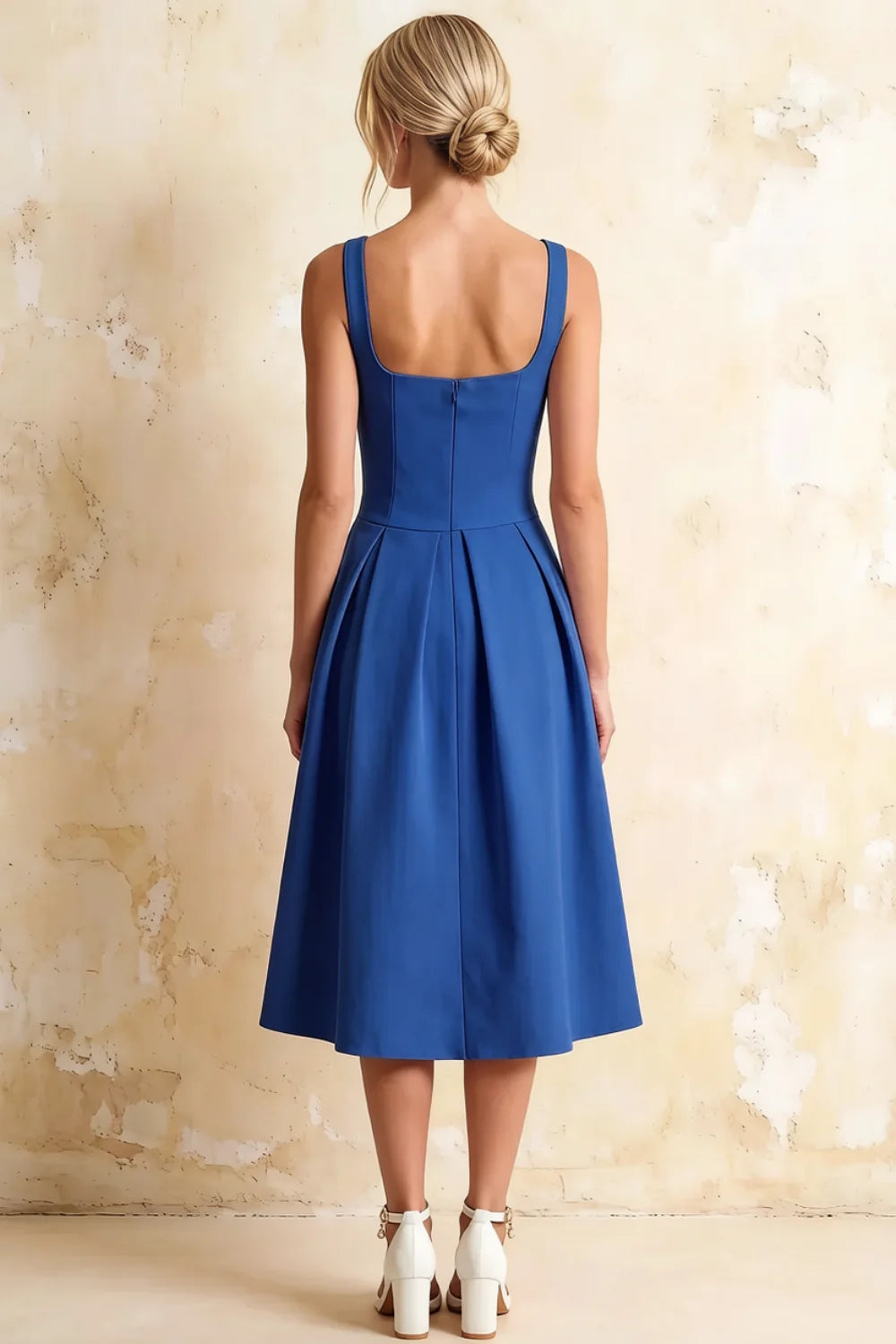 Heather Royal Blue A Line Midi Dress | Elegant Spaghetti Straps Blue Dress