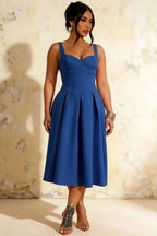 Heather Royal Blue A Line Midi Dress | Elegant Spaghetti Straps Blue Dress