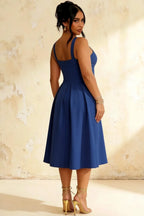 Heather Royal Blue A Line Midi Dress | Elegant Spaghetti Straps Blue Dress