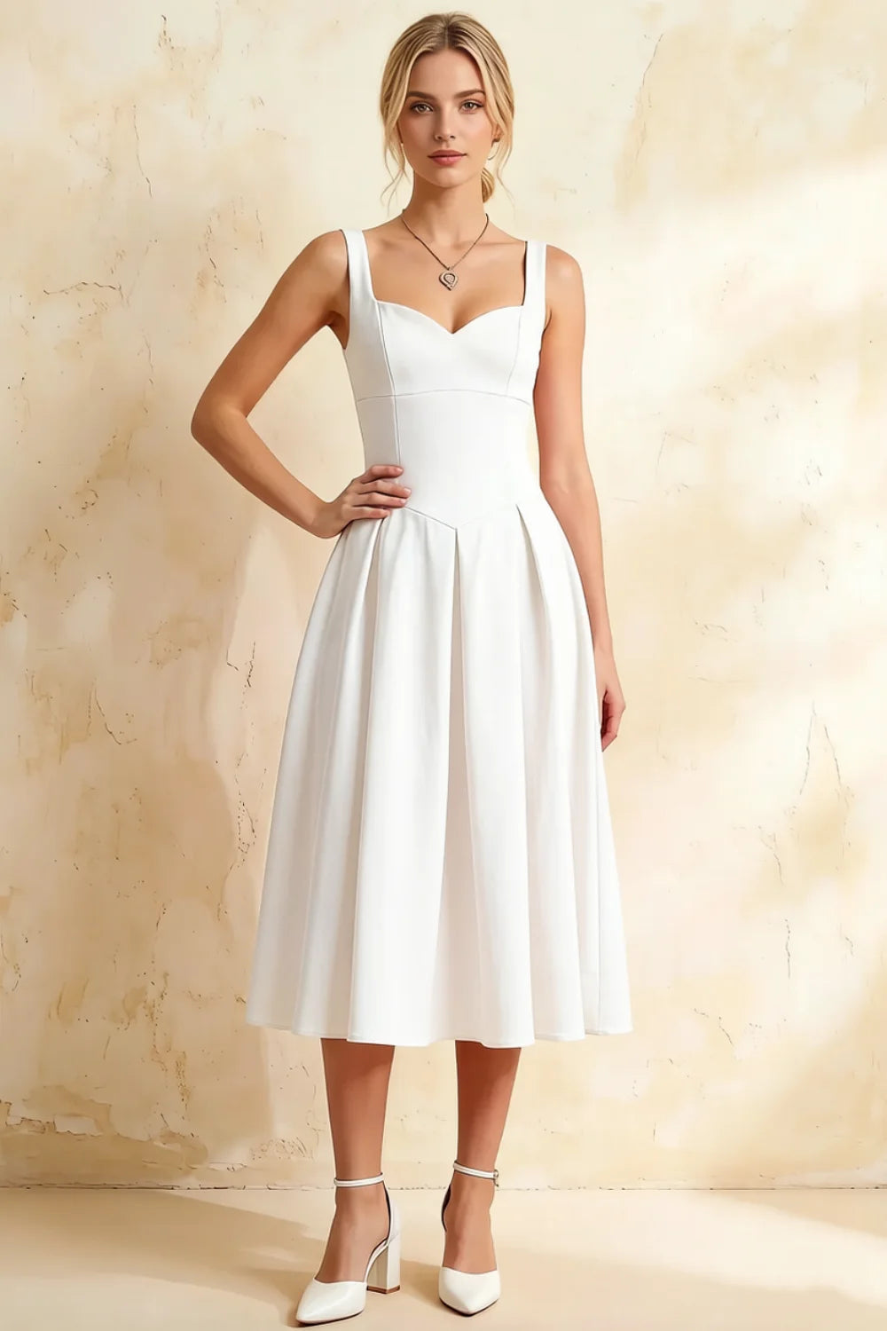 Heather White A Line Midi Dress | Elegant Square Neck Dress for Weddings & Office Main image