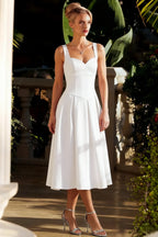 Heather White A Line Midi Dress | Elegant Square Neck Dress for Weddings & Office