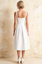 Heather White A Line Midi Dress | Elegant Square Neck Dress for Weddings & Office