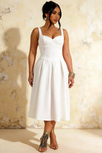 Heather White A Line Midi Dress | Elegant Square Neck Dress for Weddings & Office