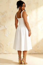 Heather White A Line Midi Dress | Elegant Square Neck Dress for Weddings & Office