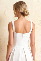 Heather White A Line Midi Dress | Elegant Square Neck Dress for Weddings & Office