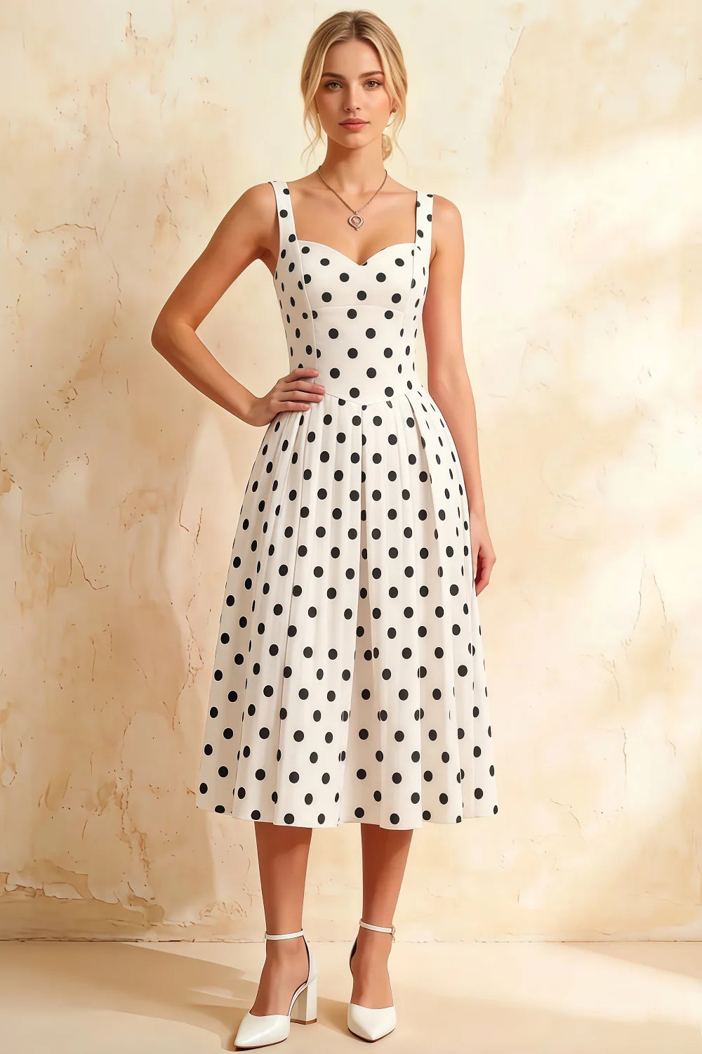 Heather White Polka Dot A Line Midi Dress | Classic Women's Dress