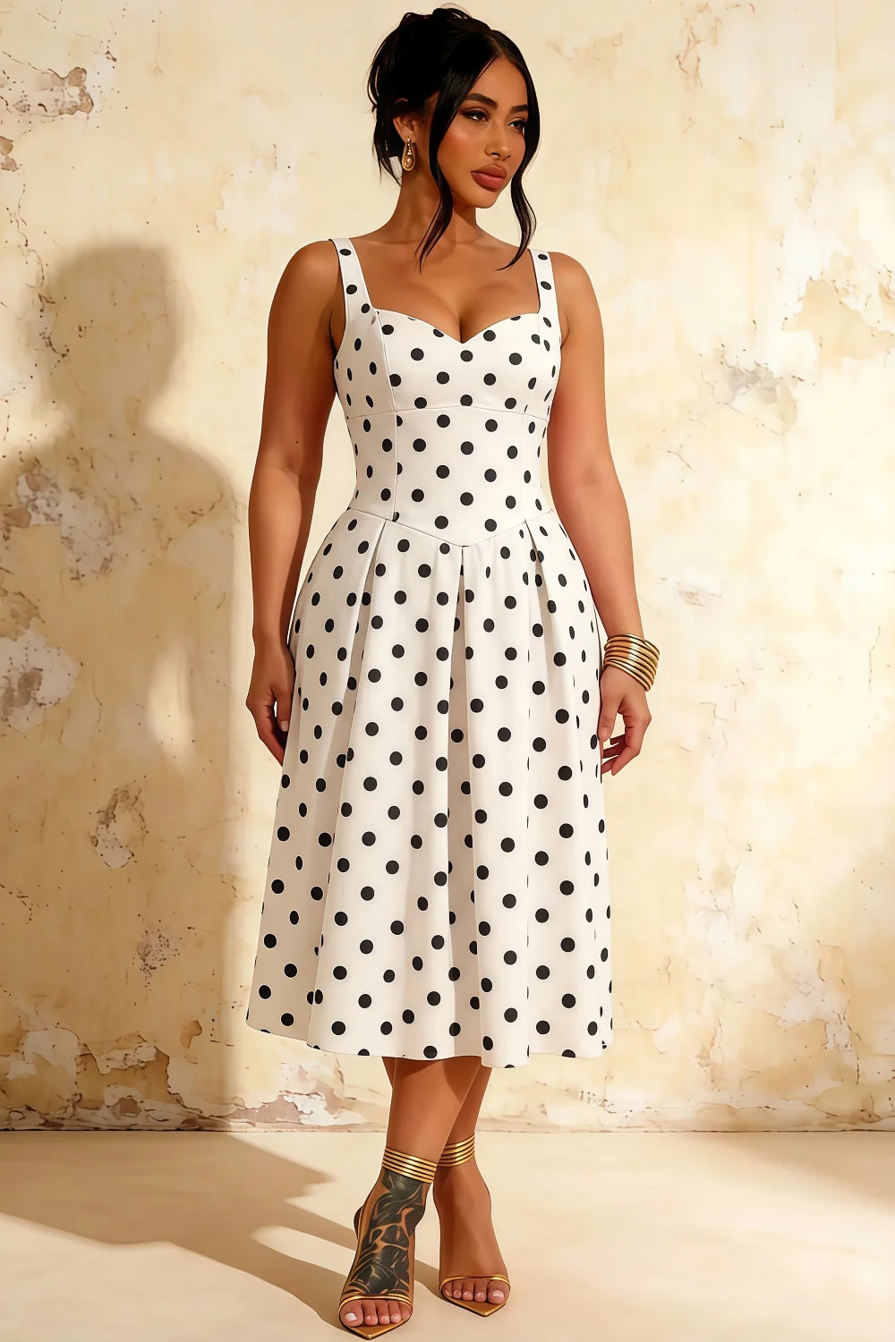 Heather White Polka Dot A Line Midi Dress | Classic Women's Dress