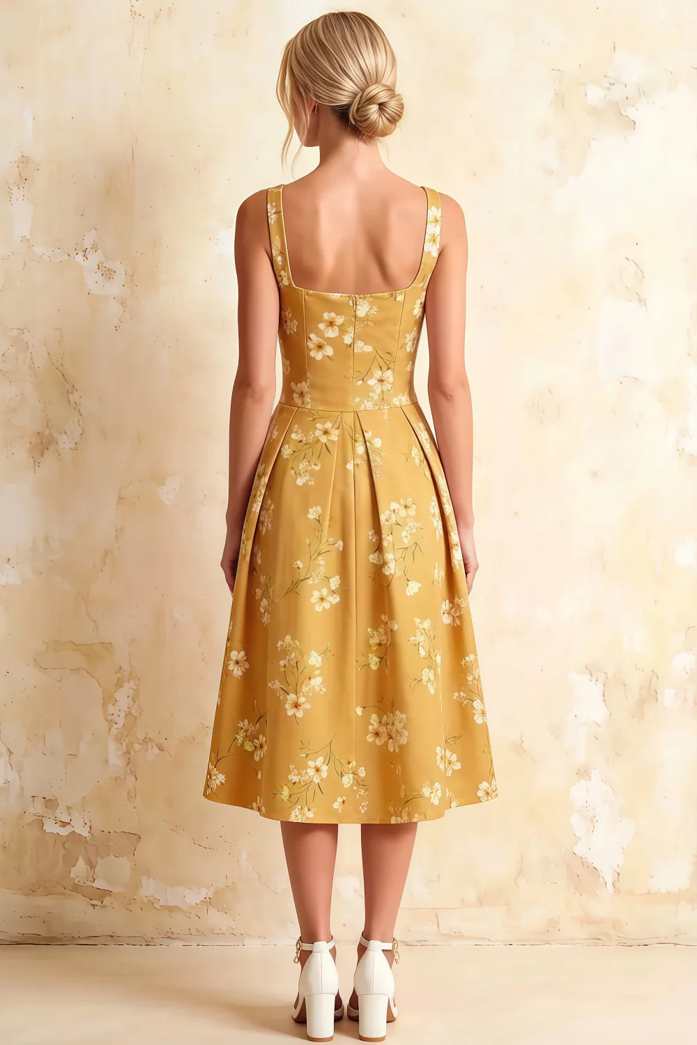 Heather Yellow Floral A Line Midi Dress | Vintage Summer Style