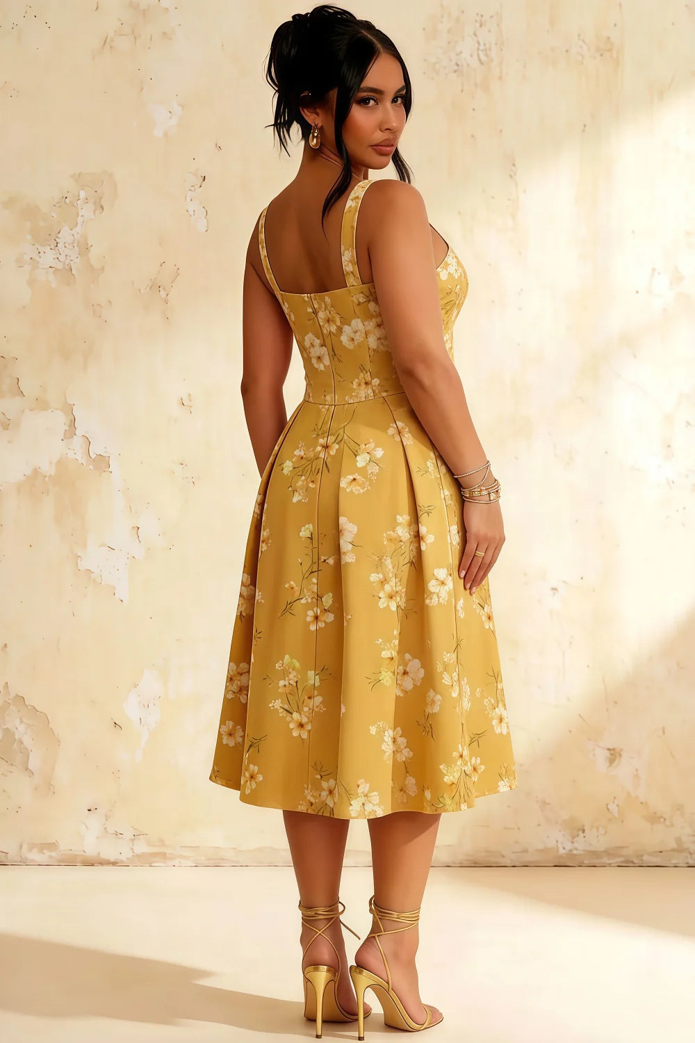 Heather Yellow Floral A Line Midi Dress | Vintage Summer Style