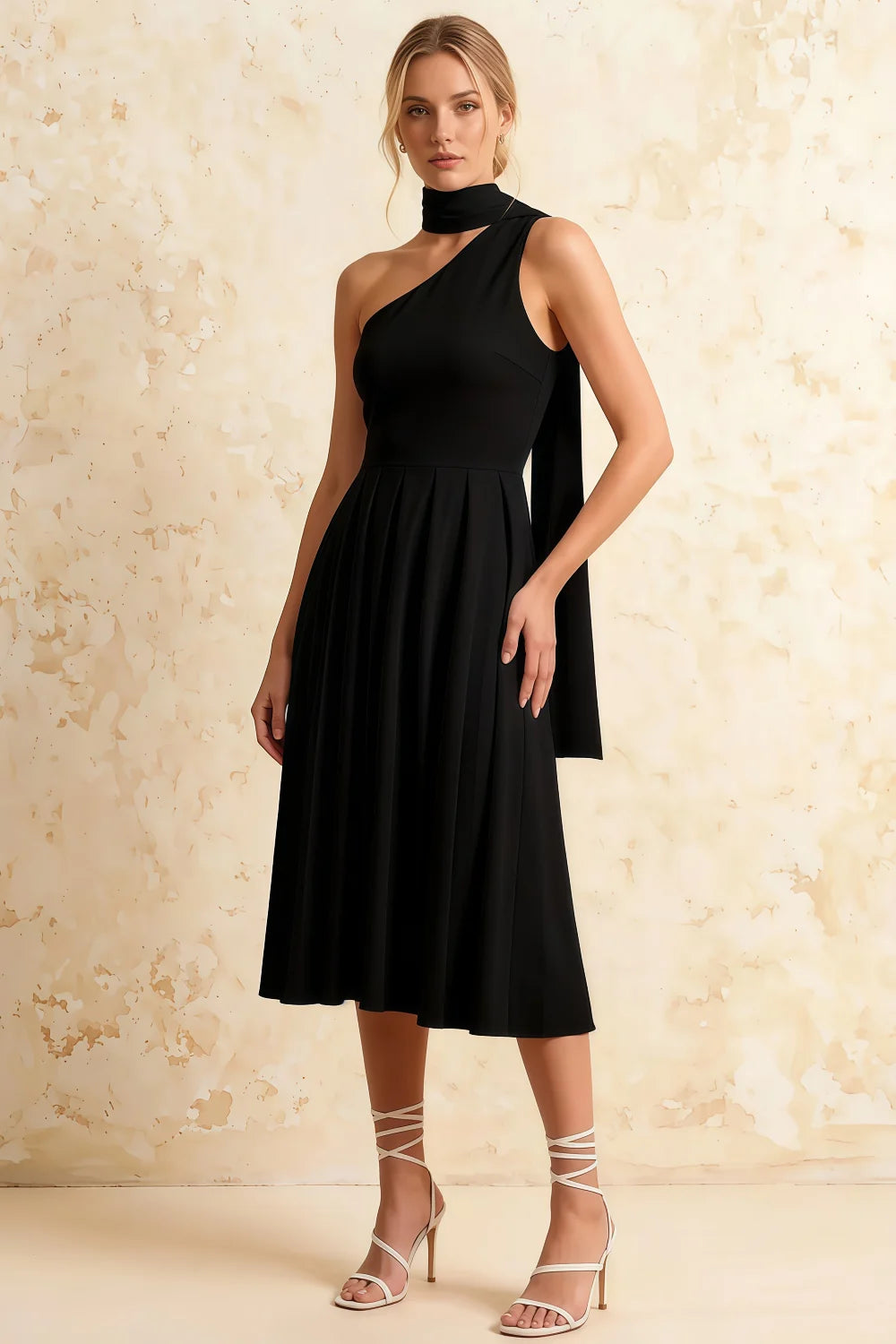 Helen One Shoulder Black Midi Dress with Scarf Detail Main image