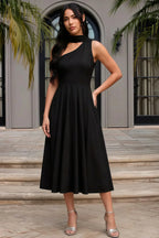 Helen One Shoulder Black Midi Dress with Scarf Detail