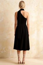 Helen One Shoulder Black Midi Dress with Scarf Detail